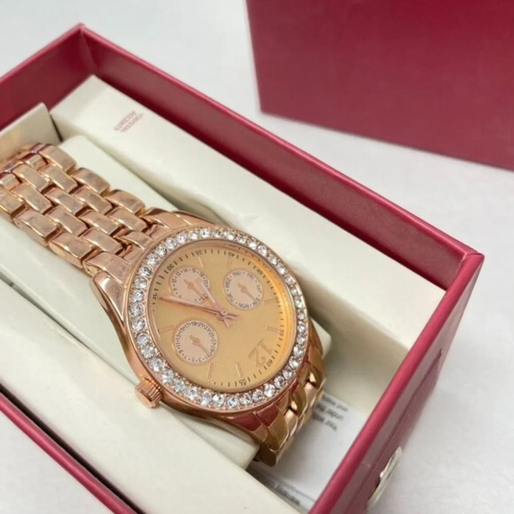 Merona Rose‎ Gold-Tone Crystal Inlay Analog Womens Watch New